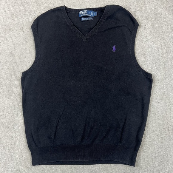 Polo Ralph Lauren Sweater Vest Mens Large Black Pima Cotton V-Neck Purple Pony — photo 2
